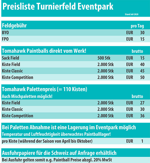 Preisliste Turnierfeld Preisliste Paintball Turnierfeld