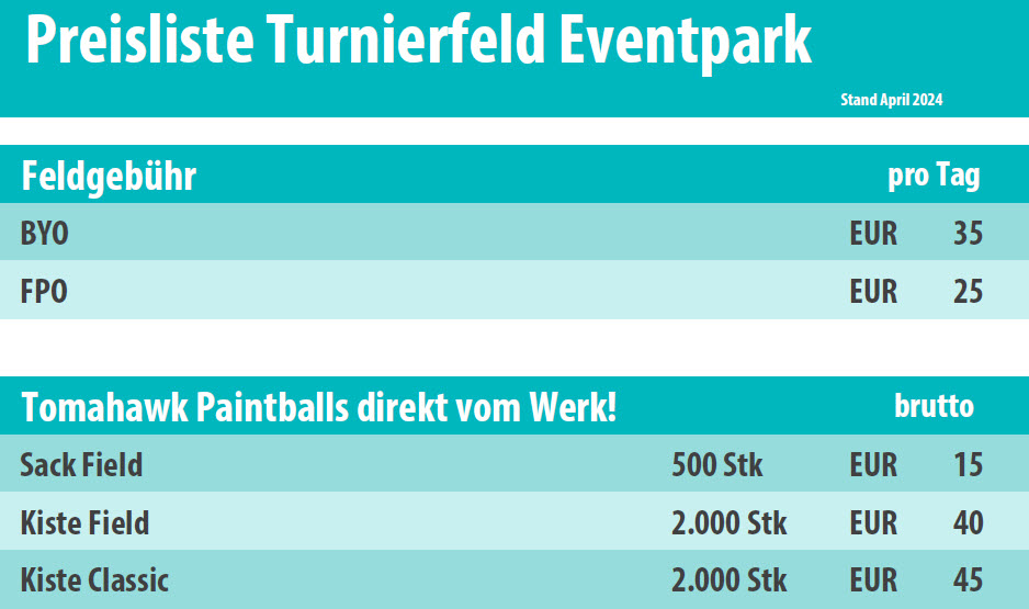 Preisliste Paintball Turnierfeld